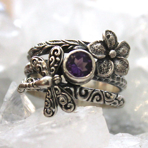 Amethyst Dragonfly Sterling Silver Ring