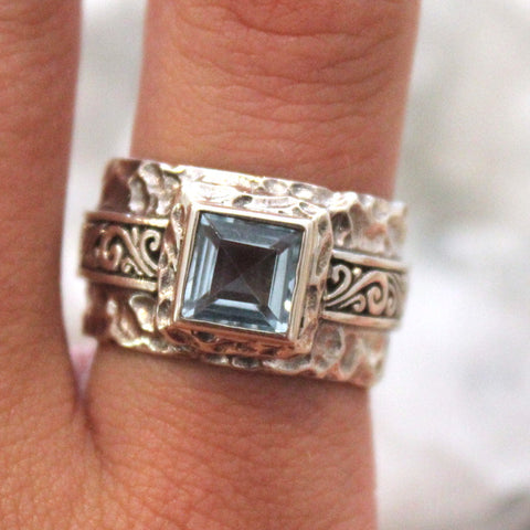 Blue Topaz + Sterling Silver Square Balinese ring