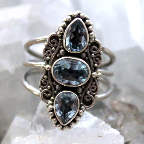 Triple Blue Topaz and 925 Sterling Silver Balinese Ring