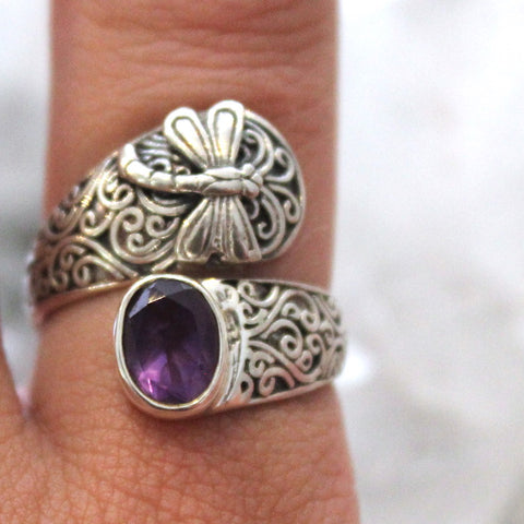 Amethyst Sterling Silver Dragonfly Ring