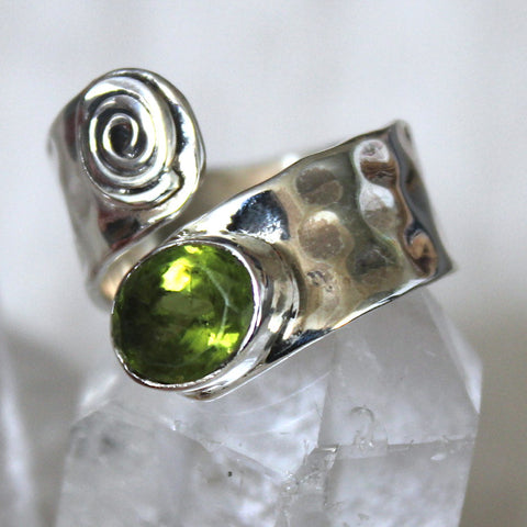 Faceted Peridot + Sterling Silver Adjustable Swirl Ring