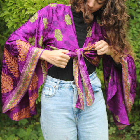 Recycled India Sari Purple + Lime Green Butterfly Wrap Top