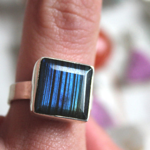 Labradorite + Sterling Silver Faceted Square Ring