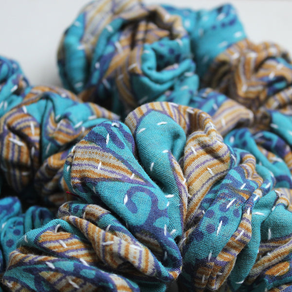 Zero Waste Kantha 'Dusty Blue' Scrunchie