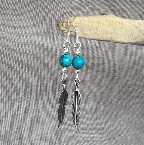Sterling Silver feather and turquoise earrings