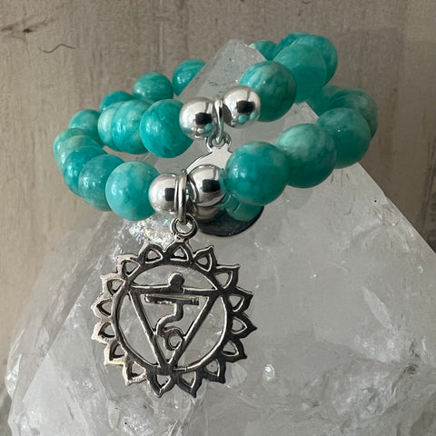 Throat Chakra Bracelet, Amazonite with Sterling Silver Charm