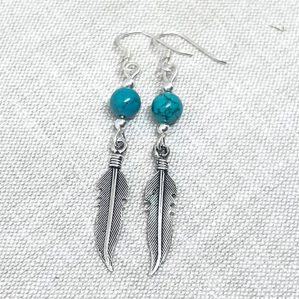 Sterling Silver feather and turquoise earrings