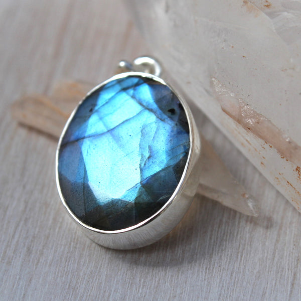 Labradorite + 925 Sterling Silver Faceted Oval Pendant