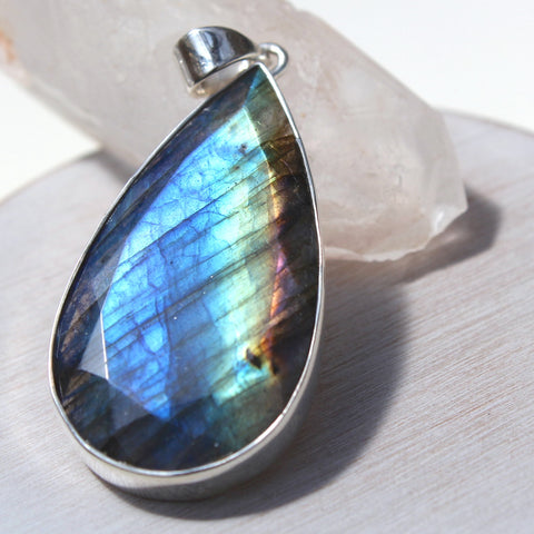 Labradorite + 925 Sterling Silver Long Faceted Raindrop Pendant