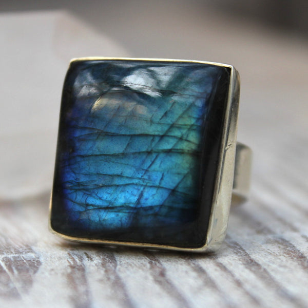 Statement Square Labradorite + 925 Silver Square Ring