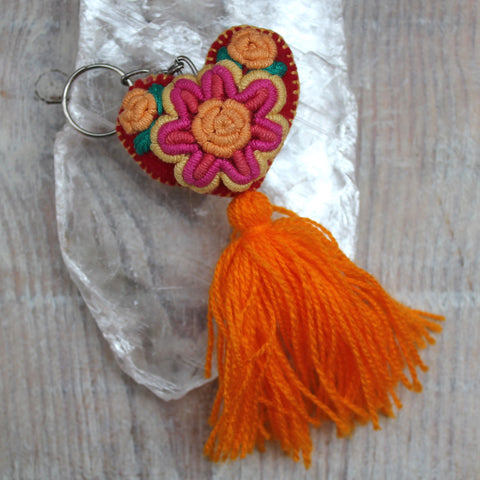 Little Mexican Handmade Heart Tassel Keyring (Orange)