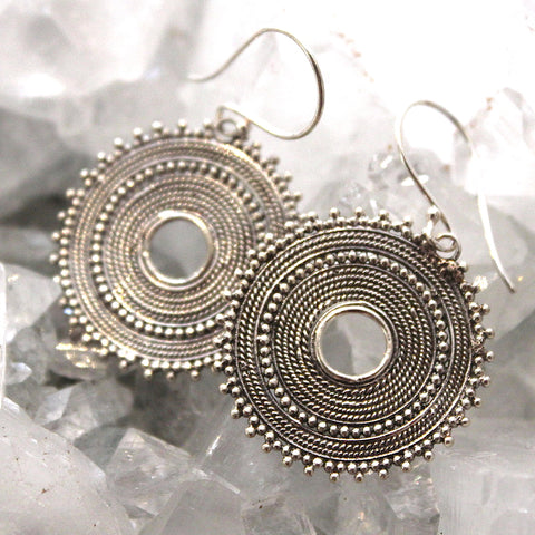 Sterling Silver Intricate Balinese Circle Earrings