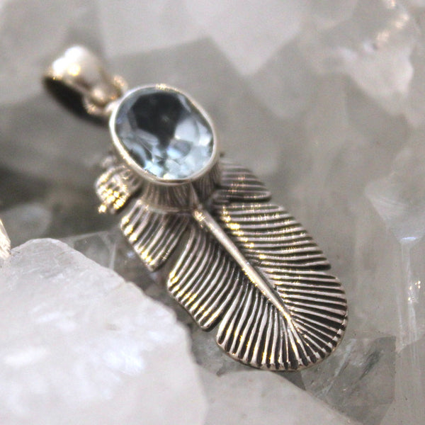 Blue Topaz Sterling Silver Feather Pendant