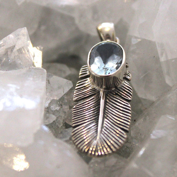 Blue Topaz Sterling Silver Feather Pendant