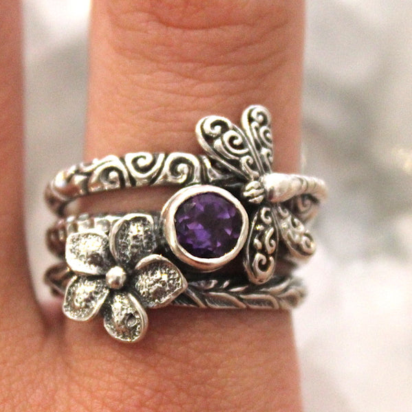 Amethyst Dragonfly Sterling Silver Ring