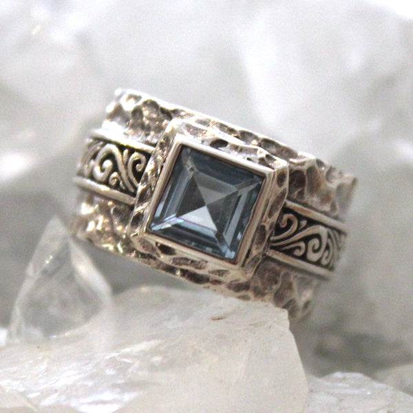 Blue Topaz + Sterling Silver Square Balinese ring
