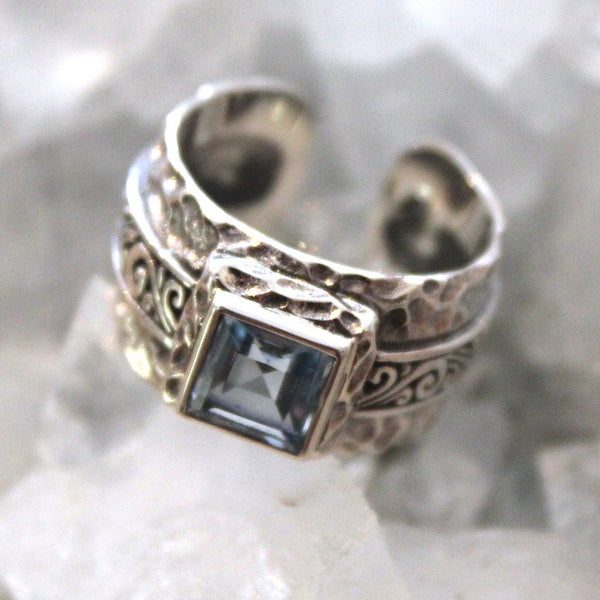 Blue Topaz + Sterling Silver Square Balinese ring
