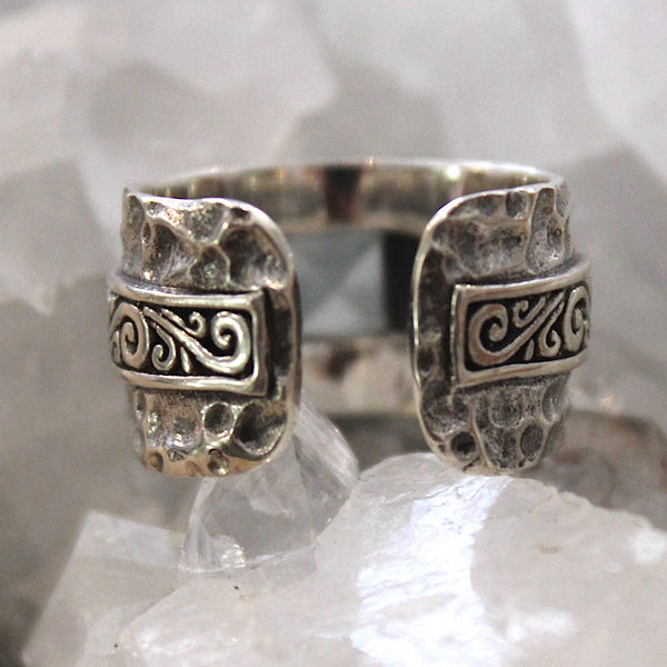 Blue Topaz + Sterling Silver Square Balinese ring
