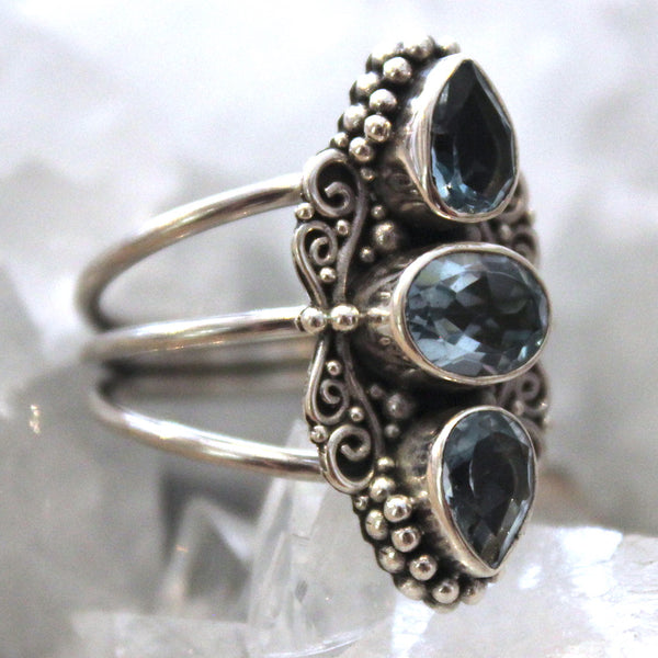 Triple Blue Topaz and 925 Sterling Silver Balinese Ring