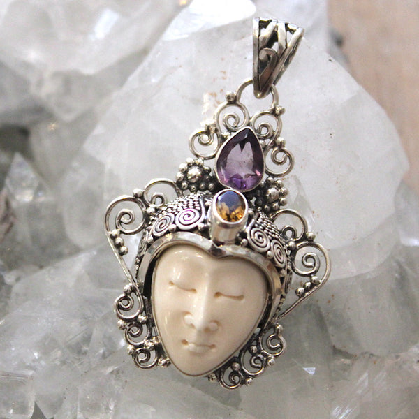 Balinese Amethyst, Citrine, Yak Bone Silver Goddess Pendant