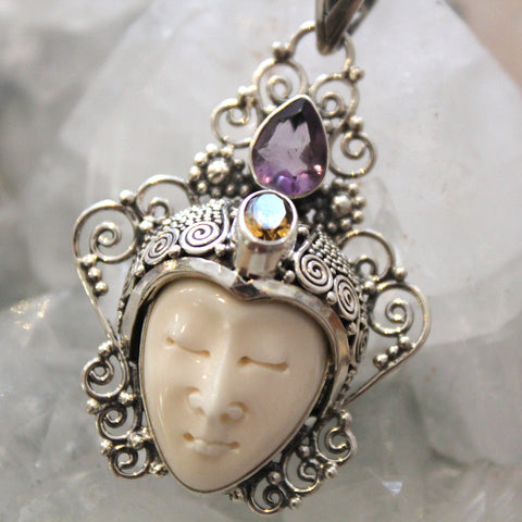 Balinese Amethyst, Citrine, Yak Bone Silver Goddess Pendant