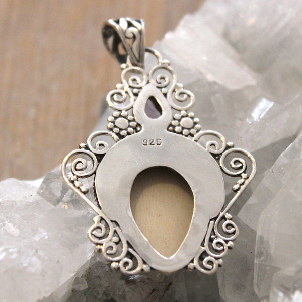 Balinese Amethyst, Citrine, Yak Bone Silver Goddess Pendant