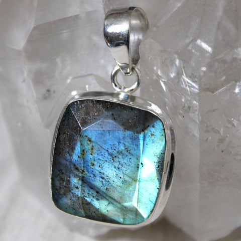 Faceted Labradorite + 925 Silver Square Pendant