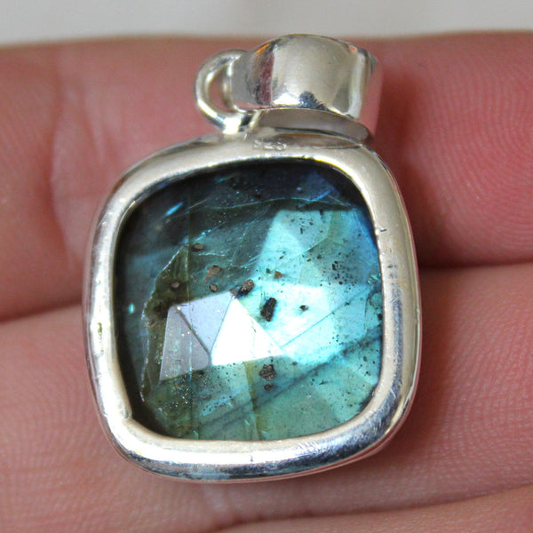 Faceted Labradorite + 925 Silver Square Pendant