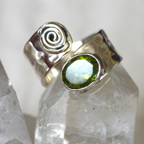 Faceted Peridot + Sterling Silver Adjustable Swirl Ring