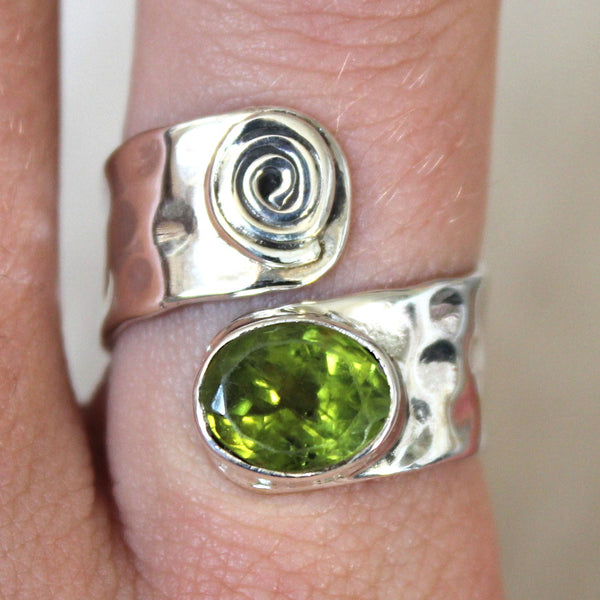 Faceted Peridot + Sterling Silver Adjustable Swirl Ring