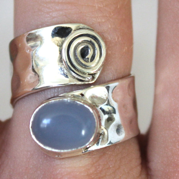 Blue Chalcedony + Sterling Silver Adjustable Swirl Ring