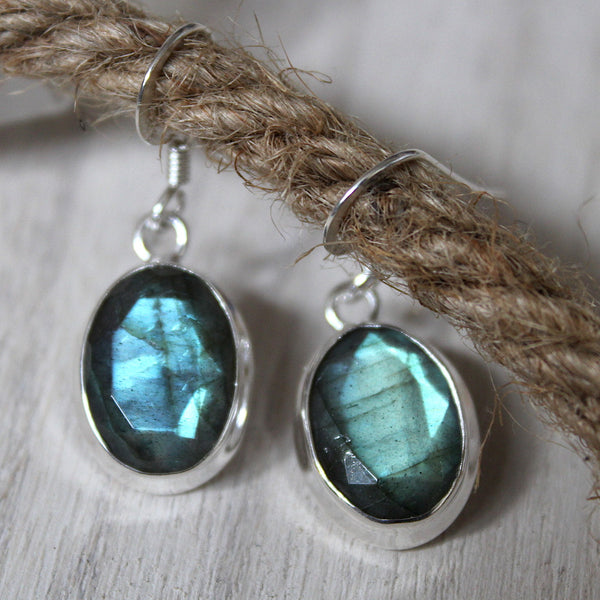 Labradorite + 925 Silver Faceted Oval Earrings