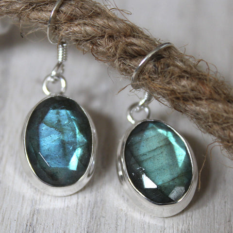 Labradorite + 925 Silver Faceted Oval Earrings