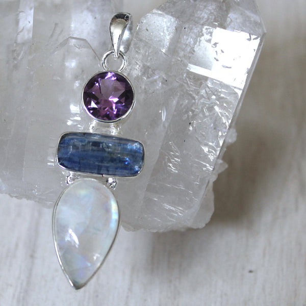 Amethyst, Blue Kyanite + Rainbow Moonstone Pendant