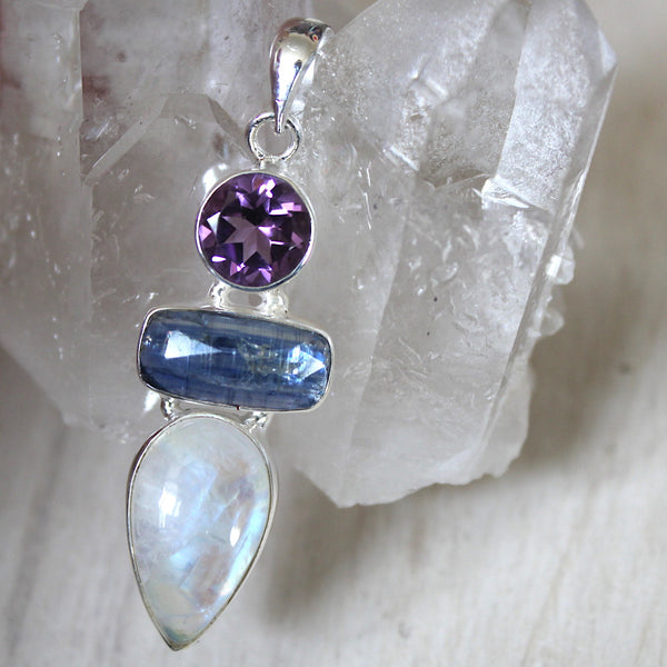 Amethyst, Blue Kyanite + Rainbow Moonstone Pendant