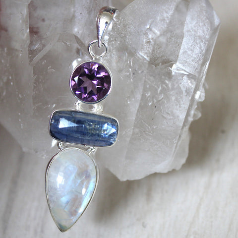 Amethyst, Blue Kyanite + Rainbow Moonstone Pendant