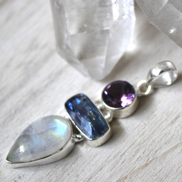 Amethyst, Blue Kyanite + Rainbow Moonstone Pendant