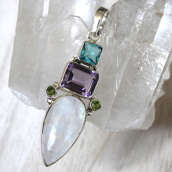 Topaz, Amethyst, Peridot + Rainbow Moonstone Pendant