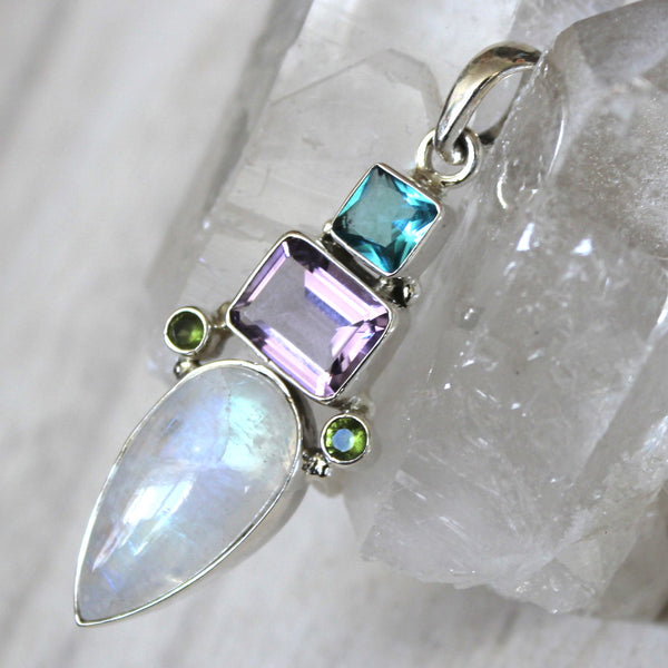 Topaz, Amethyst, Peridot + Rainbow Moonstone Pendant