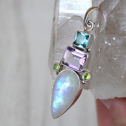 Topaz, Amethyst, Peridot + Rainbow Moonstone Pendant
