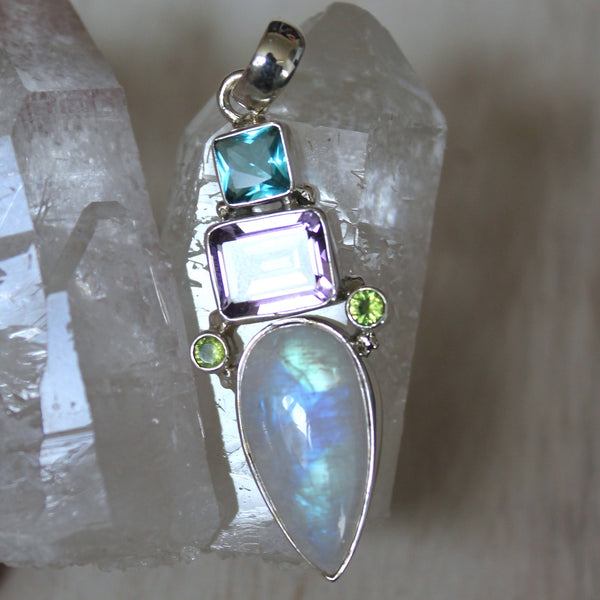 Topaz, Amethyst, Peridot + Rainbow Moonstone Pendant