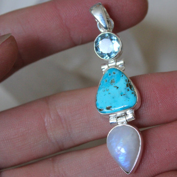 Topaz, Turquoise + Rainbow Moonstone Pendant