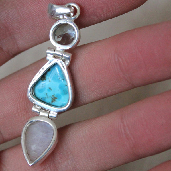 Topaz, Turquoise + Rainbow Moonstone Pendant