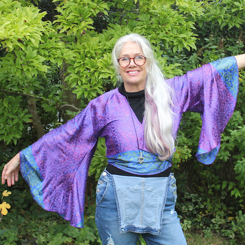 Recycled Indian Sari Purple Glittery Butterfly Wing Wrap Top