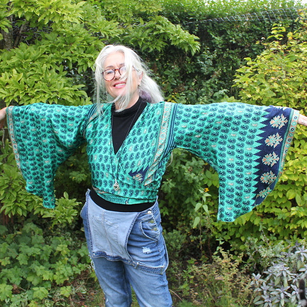 Recycled Indian Sari Turquoise Butterfly Wing Top