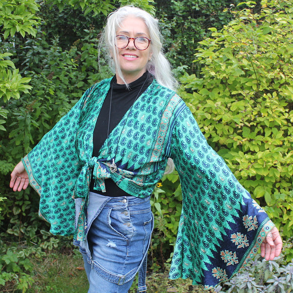 Recycled Indian Sari Turquoise Butterfly Wing Top