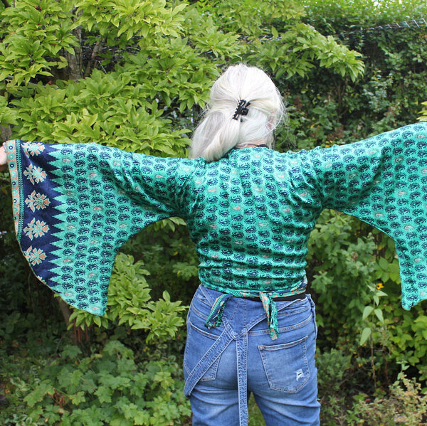 Recycled Indian Sari Turquoise Butterfly Wing Top