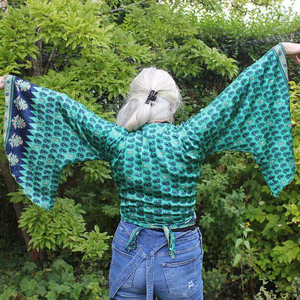 Recycled Indian Sari Turquoise Butterfly Wing Top