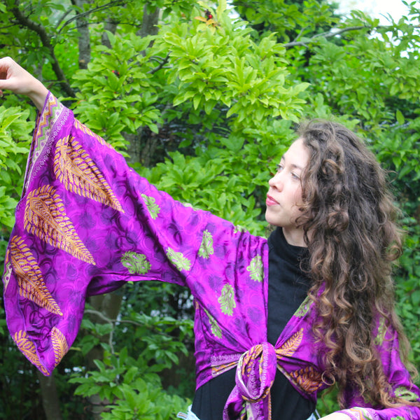 Recycled India Sari Purple + Lime Green Butterfly Wrap Top