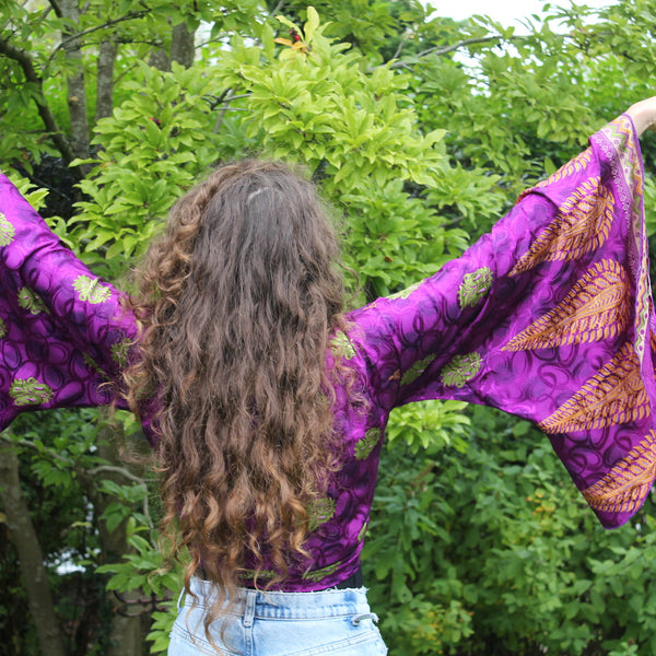 Recycled India Sari Purple + Lime Green Butterfly Wrap Top